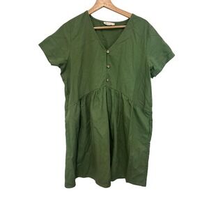Women's Olive Green Midi Dress with V-Neck and Button Detail 100% linen